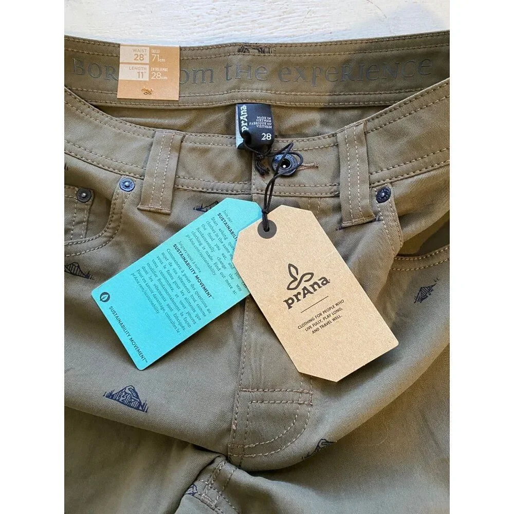 Prana Mens Shorts Slate Green 28” Waist Stretch Slim Fit Mountain Print NEW NWT